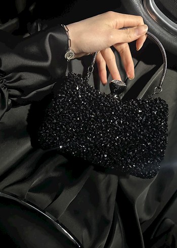 Siyah Payetli Gotik Clutch Çanta