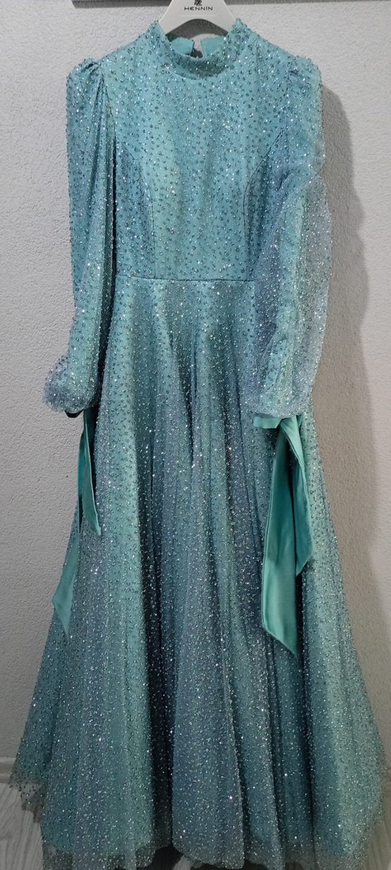 Uzun Kollu Gri Simli Modern Klasik Kadın Elbise - Görsel 3