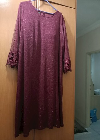 Bordo Uzun Kollu Parlak Kadın Abiye Elbise