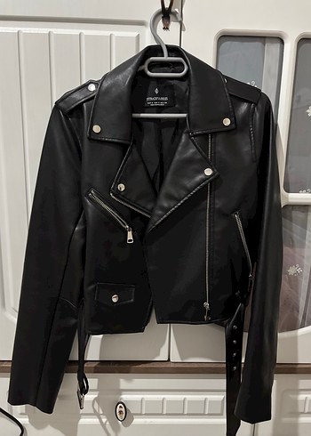 Siyah Deri Biker Ceket, Kemerli, - Görsel 3