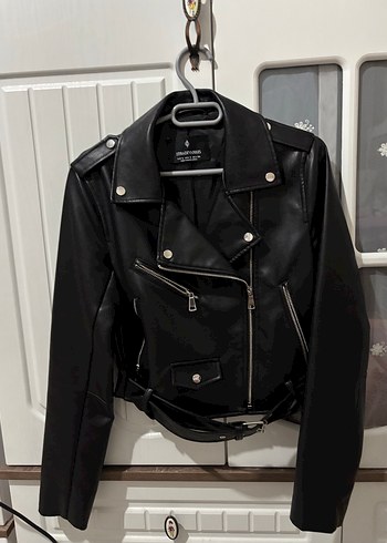 Siyah Deri Biker Ceket, Kemerli, - Görsel 4