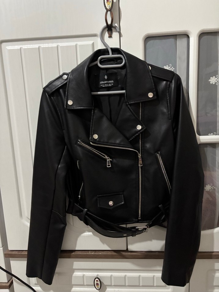 Siyah Deri Biker Ceket, Kemerli, - Görsel 4