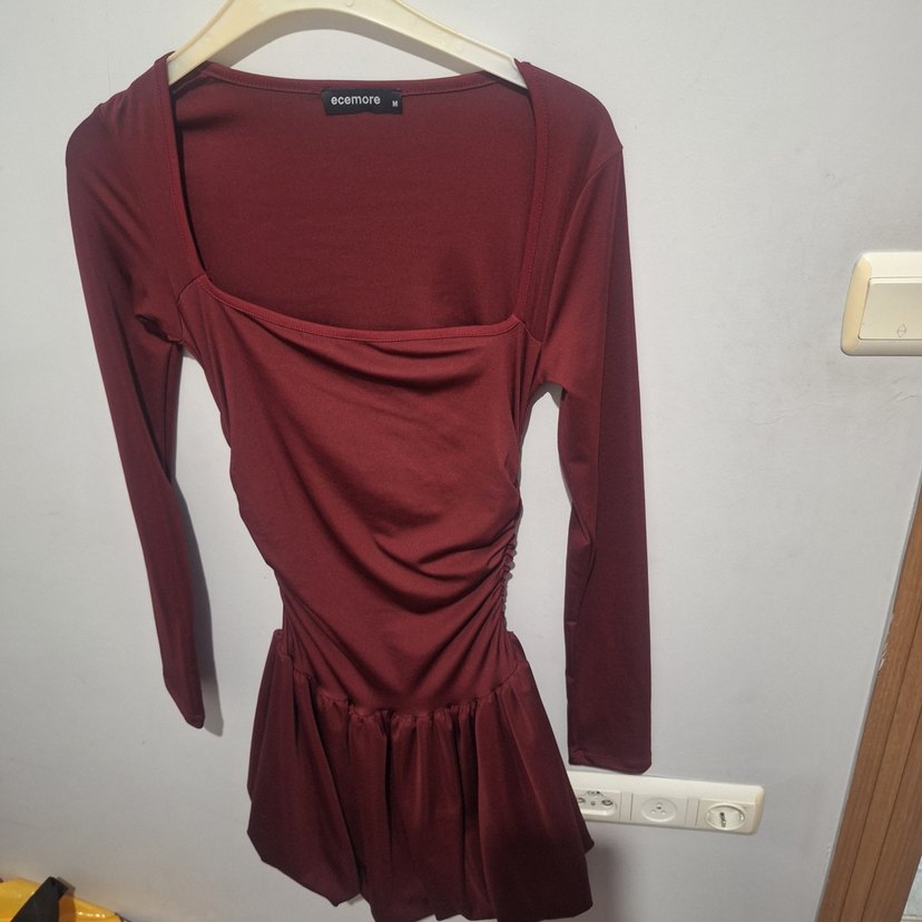 Bordo Drapeli  mini elbise - Görsel 2