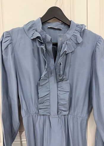 Uzun Kollu Fırfırlı Mavi Keten Elbise - Görsel 4