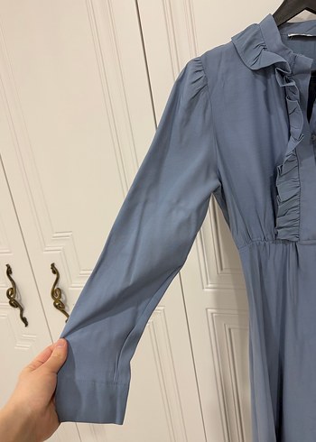 Uzun Kollu Fırfırlı Mavi Keten Elbise - Görsel 3