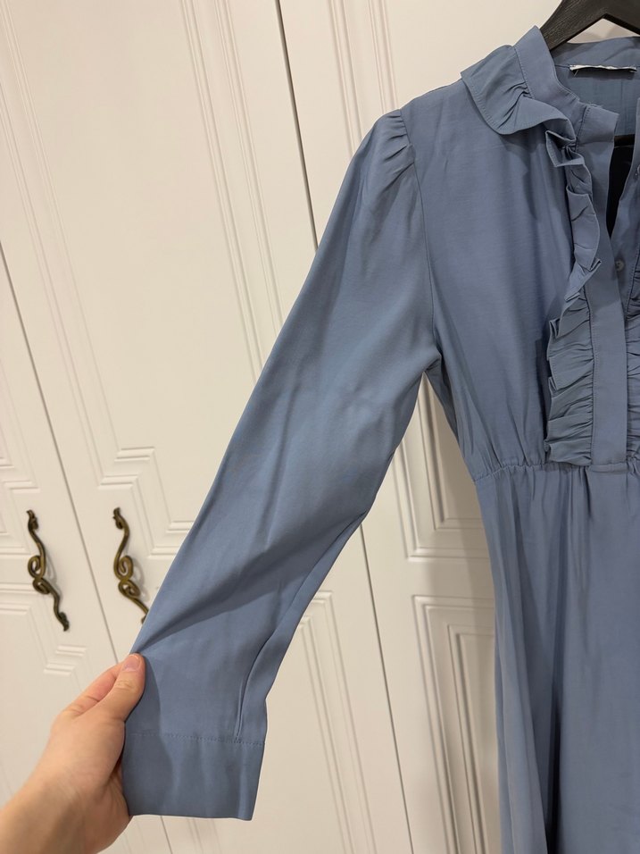 Uzun Kollu Fırfırlı Mavi Keten Elbise - Görsel 3