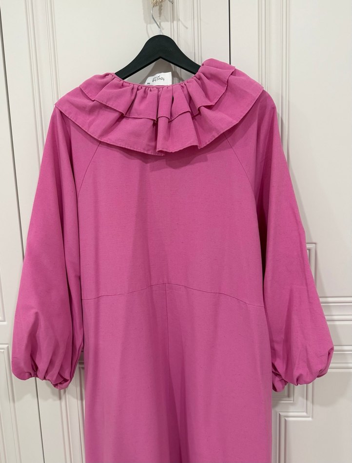 Pembe Fırfırlı Uzun Keten Elbise - Görsel 2