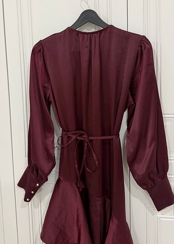 Bordo Uzun Kollu Fırfırlı Kadın Elbise - Görsel 2