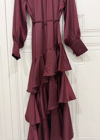 Bordo Uzun Kollu Fırfırlı Kadın Elbise - Görsel 5