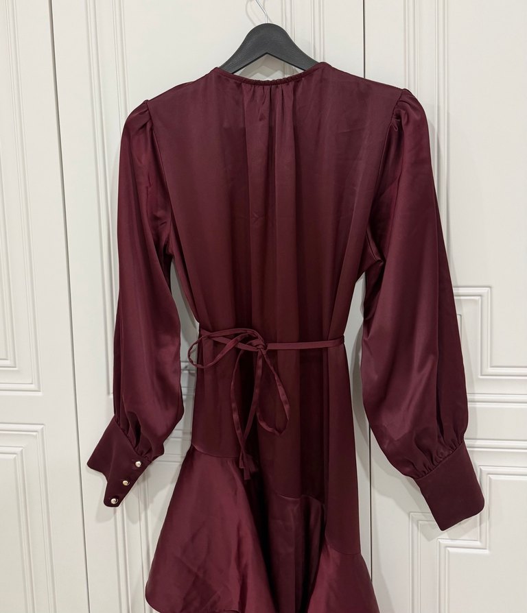 Bordo Uzun Kollu Fırfırlı Kadın Elbise - Görsel 2