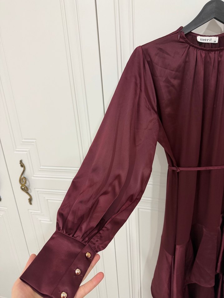 Bordo Uzun Kollu Fırfırlı Kadın Elbise - Görsel 4