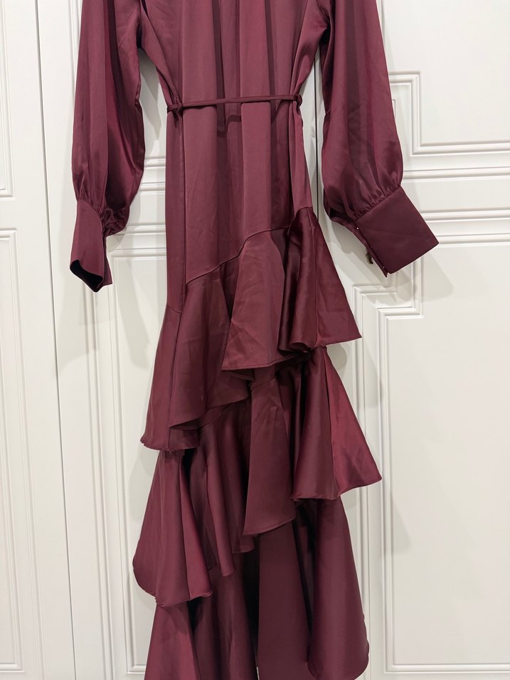Bordo Uzun Kollu Fırfırlı Kadın Elbise - Görsel 5