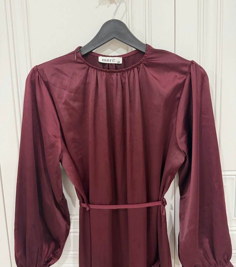 Bordo Uzun Kollu Fırfırlı Kadın Elbise - Görsel 3