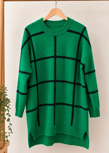 Diğer Yesil Siyah Kareli Oversize Triko Kazak