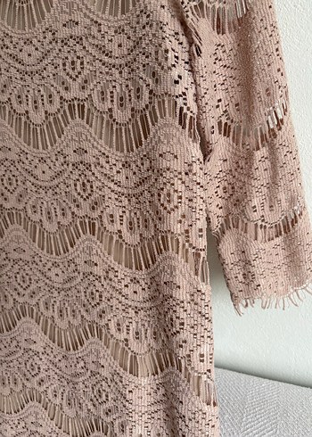 Bej Dantel Midi Elbise - Görsel 3