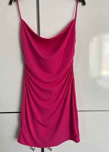 Bershka Pembe Drapeli Straplez Mini Elbise