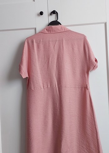 xl Beden pembe Renk Düğmeli Uzun Pembe Keten Kadın Gömlek