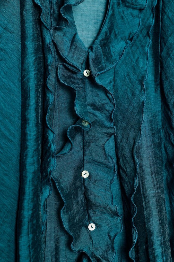 Uzun Kollu Düğmeli Turkuaz Kadın Gömlek - Görsel 3