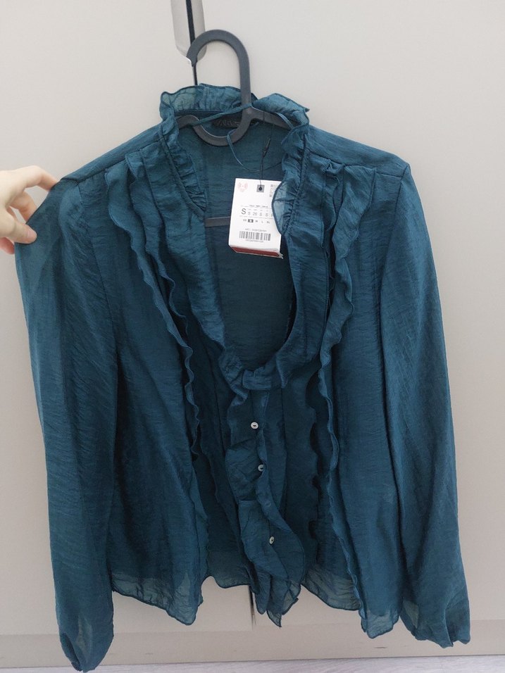 Uzun Kollu Düğmeli Turkuaz Kadın Gömlek - Görsel 4