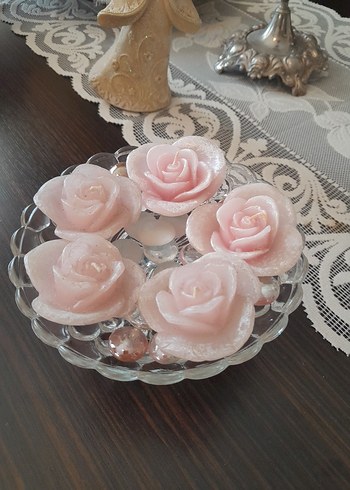 American Vintage Pembe Gül Şeklinde Mum Seti