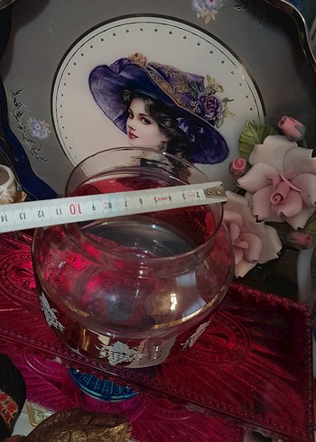 Antik Alman Bordo Renkli Desenli Cam Vazo - Görsel 4