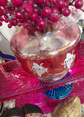 Antik Alman Bordo Renkli Desenli Cam Vazo - Görsel 3