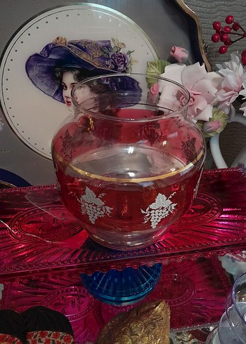 Antik Alman Bordo Renkli Desenli Cam Vazo - Görsel 5