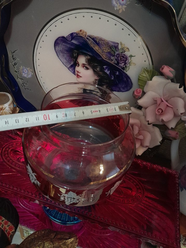 Antik Alman Bordo Renkli Desenli Cam Vazo - Görsel 4