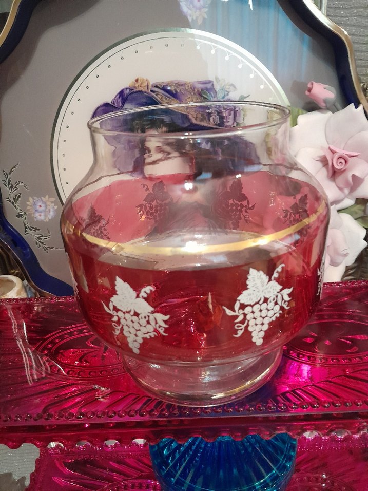 Antik Alman Bordo Renkli Desenli Cam Vazo - Görsel 2