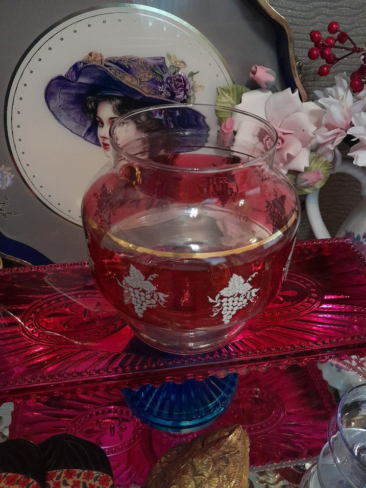 Antik Alman Bordo Renkli Desenli Cam Vazo - Görsel 5