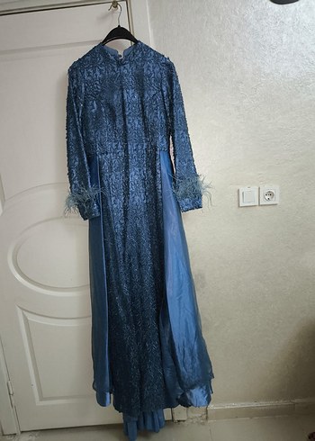 xl Beden mavi Renk İşlemeli Uzun Kollu Mavi Abiye Elbise