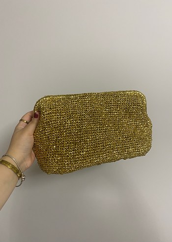Altın Renkli Boncuk İşlemeli Örgü Kadın Portföy Çanta - Görsel 4