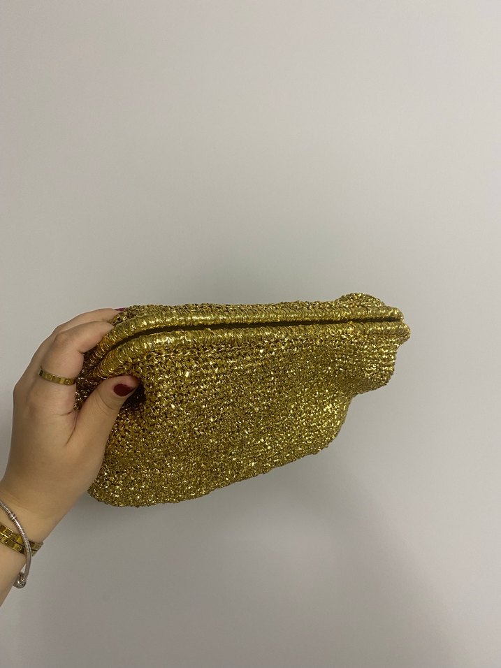Altın Renkli Boncuk İşlemeli Örgü Kadın Portföy Çanta - Görsel 5