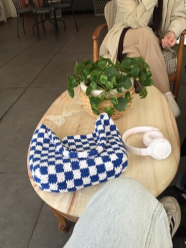 Damali mavi beyaz örme çanta - Görsel 3