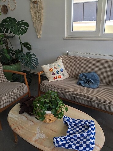 Damali mavi beyaz örme çanta - Görsel 5