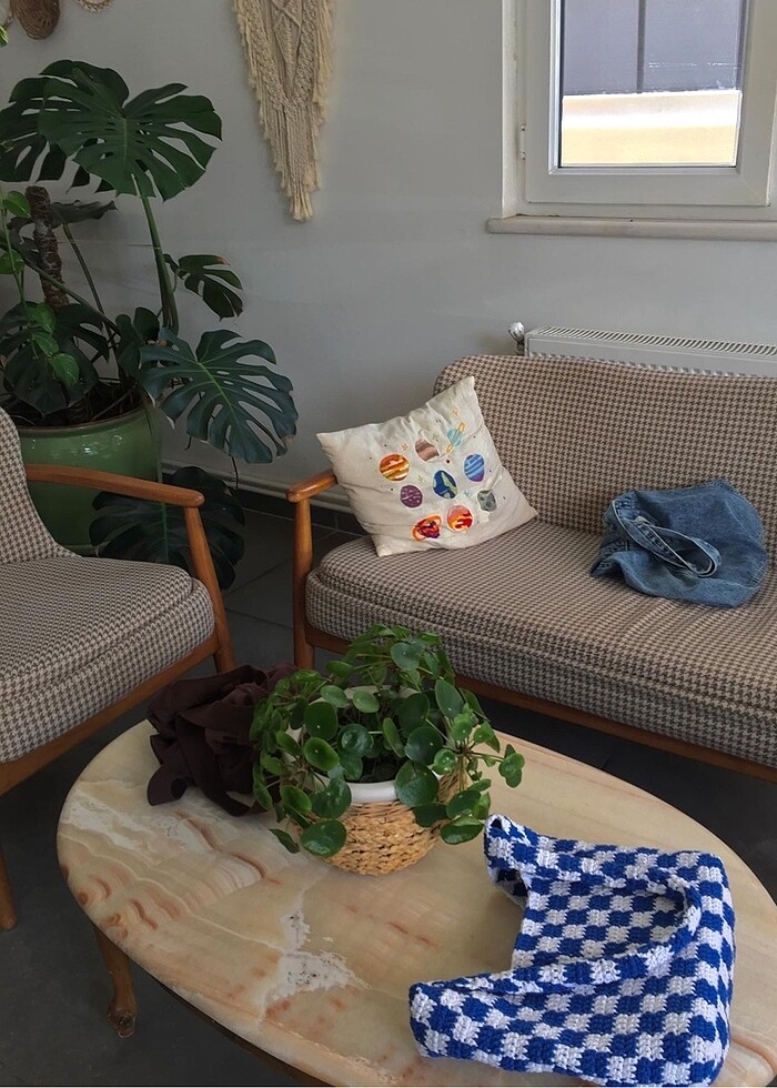 Damali mavi beyaz örme çanta - Görsel 2