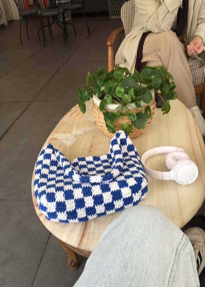 Damali mavi beyaz örme çanta - Görsel 3