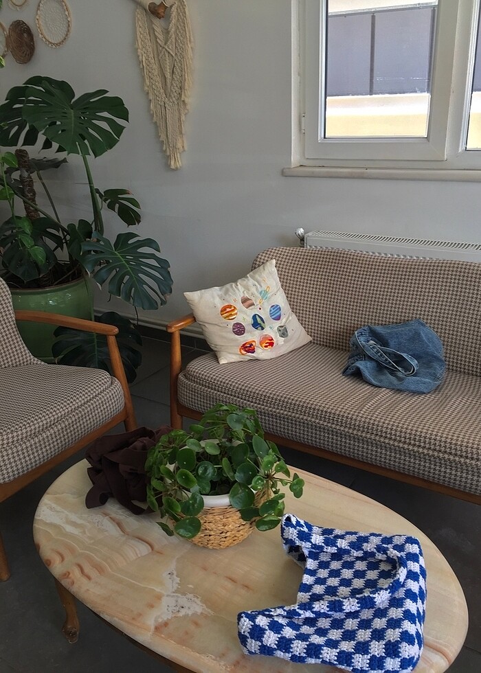 Damali mavi beyaz örme çanta - Görsel 5