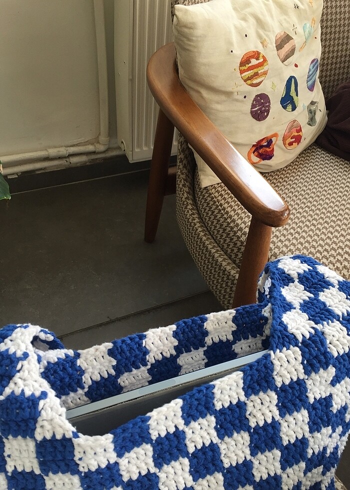 Damali mavi beyaz örme çanta - Görsel 4