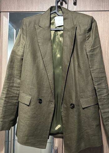 Düğmeli Kahverengi Keten Kadın Blazer