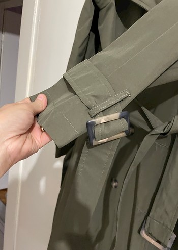 m Beden haki Renk Kadın Kemerli Uzun Trençkot - Haki
