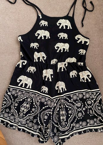 Siyah Desenli Bohem Kadın Şort Tulum - Görsel 4