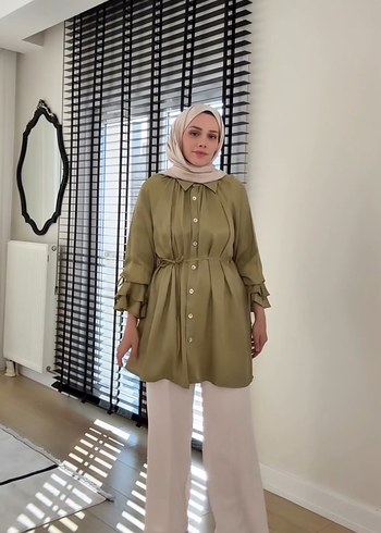 Düğmeli haki Kadın Gömlek - Görsel 2