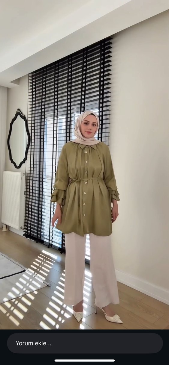 Düğmeli haki Kadın Gömlek - Görsel 2