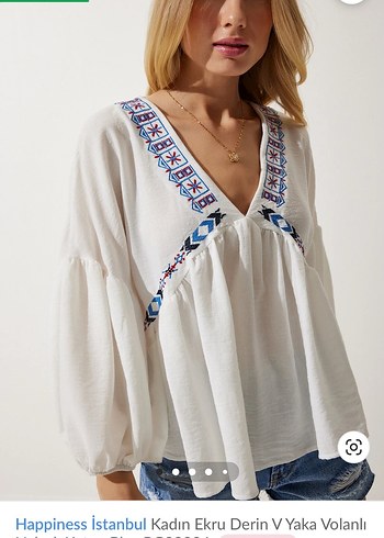 Nakışlı, V Yakalı, Pamuklu Bohem Bluz - Görsel 5