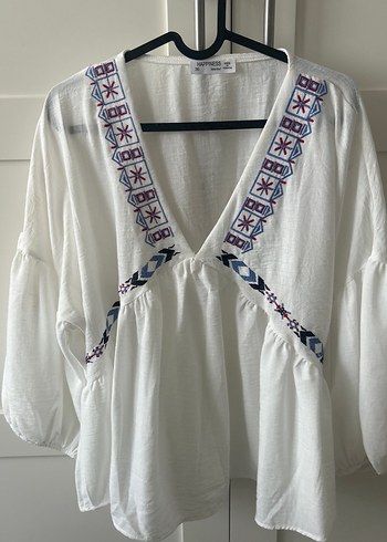 Nakışlı, V Yakalı, Pamuklu Bohem Bluz - Görsel 2