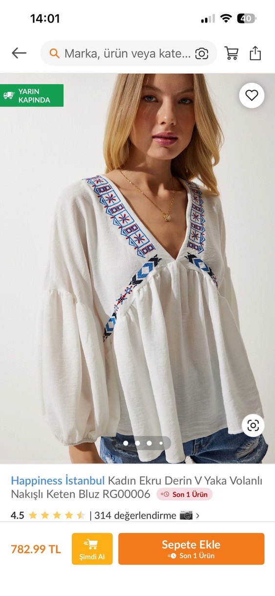 Nakışlı, V Yakalı, Pamuklu Bohem Bluz - Görsel 5