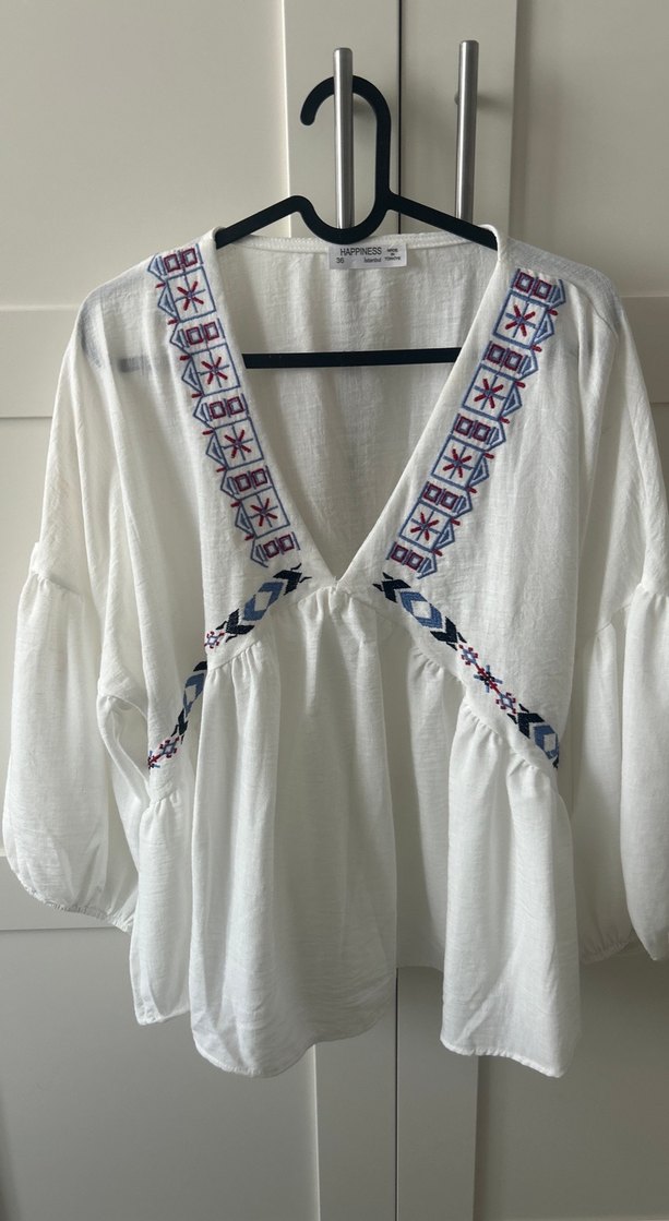 Nakışlı, V Yakalı, Pamuklu Bohem Bluz - Görsel 2