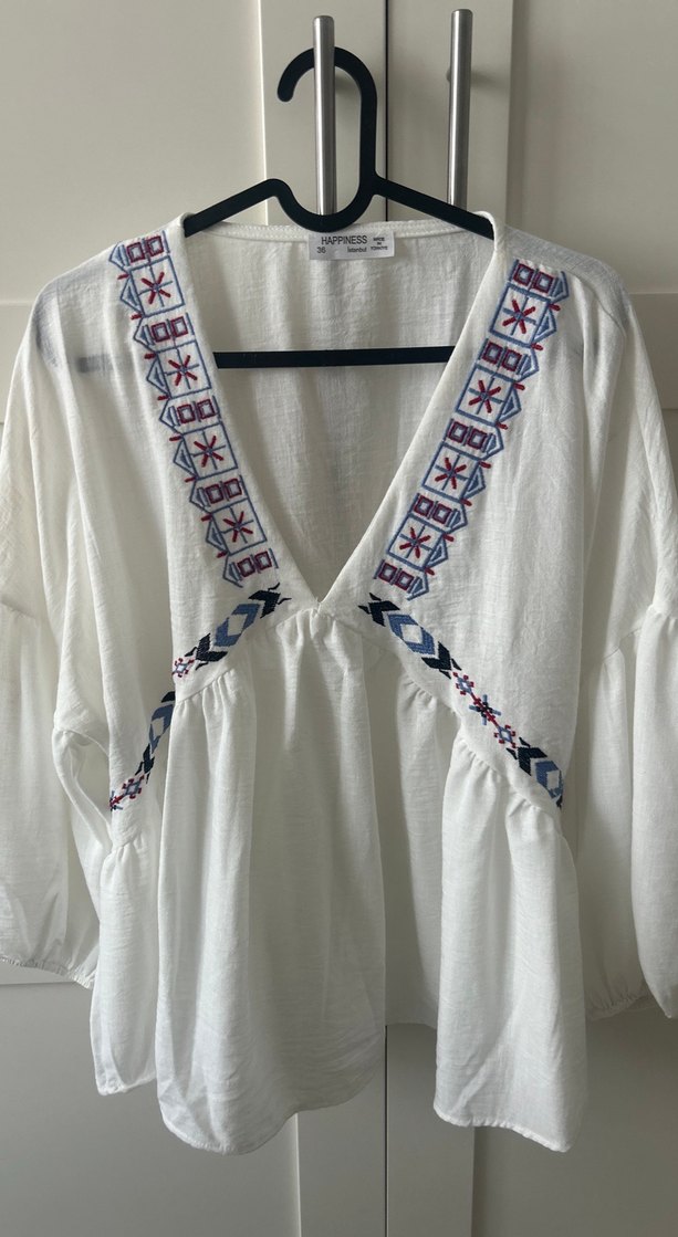 Nakışlı, V Yakalı, Pamuklu Bohem Bluz - Görsel 3