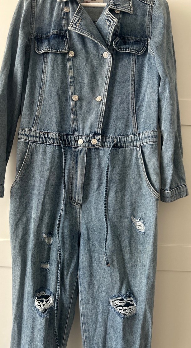 Kadın Mavi Denim Midi Tulum - Görsel 4